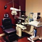 Eye examination equipment in optometry office.